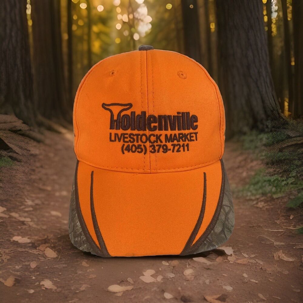 Holdenville Livestock Market Hunters Orange RealTree Camo Strap back Hat Cap
